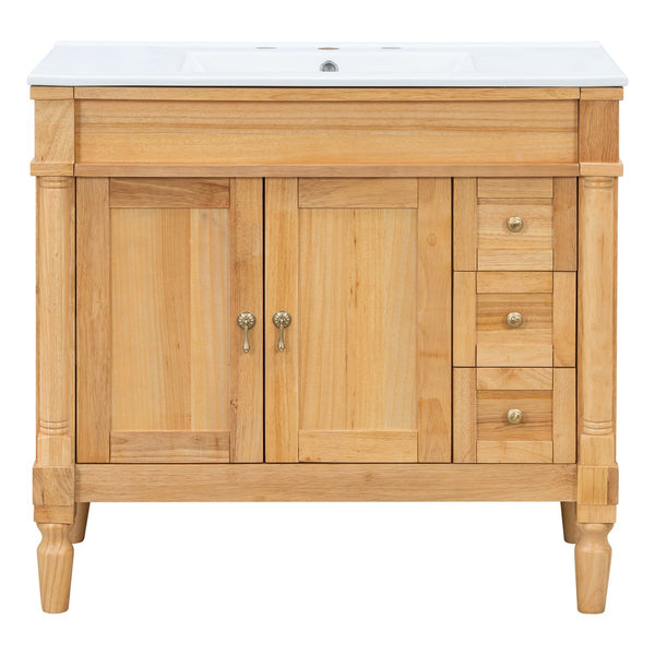 English Elm 36" Freestanding Bathroom Vanity Solid Wood Cabinet with Ceramic Sink and Soft Close Storage N729P300165N