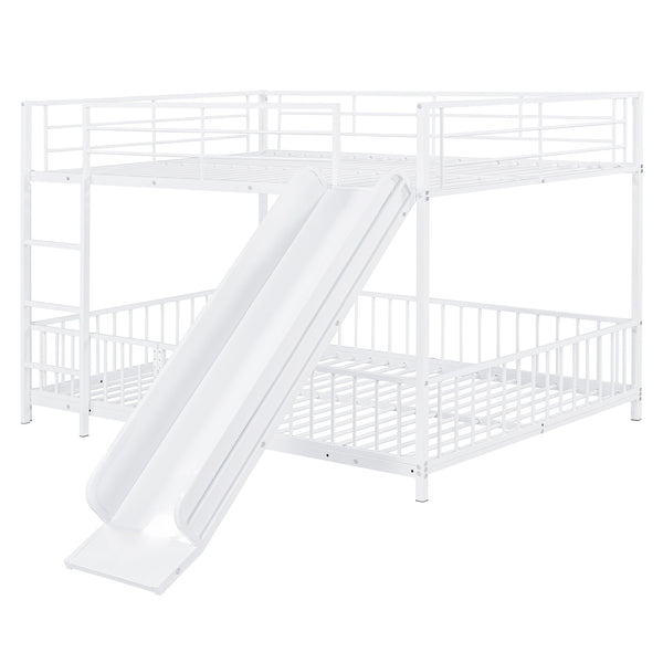 English Elm Full Full over Full Metal Bunk Bed with Slide, Interchangeable Stairs, Gate & Safety Guardrails for Kids White SF000170AAK