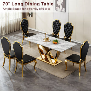 English Elm Marble Dining Table For 6 – Stylish 70'' Rectangle Faux Marble Top With Gold Stainless Steel Base W3456S00053