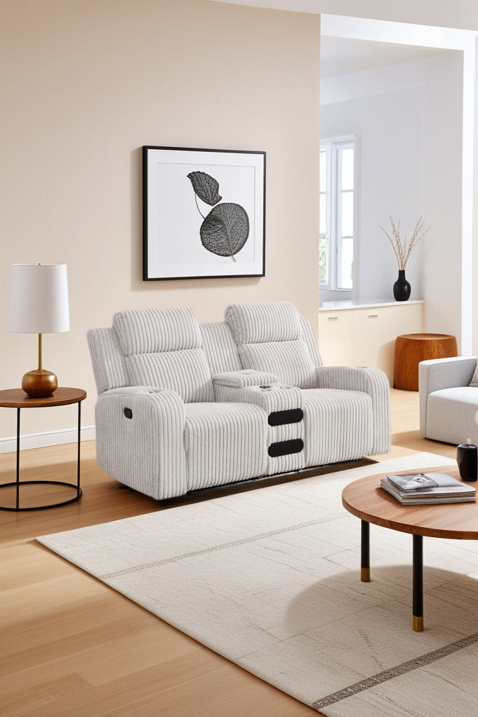 English Elm Recliner Sofa Set Corduroy Upholstered with Bluetooth Speaker and Wireless Charging Console W3900S00015
