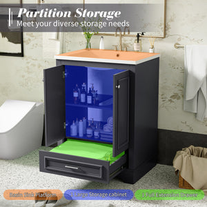 English Elm 24'' Bathroom Vanity with Ceramic Sink Combo Modern Freestanding MDF Cabinet with Soft-Close Doors and Sleek Silver Handles for Spacious Organized Bathroom Storage Blue Gray N710P194893C
