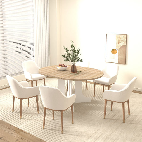 English Elm Dining Farmhouse Expandable Oval Table 59"x43" with Removable Leaf, X-Base, White Oak Finish, Seats 6 W1347P246823