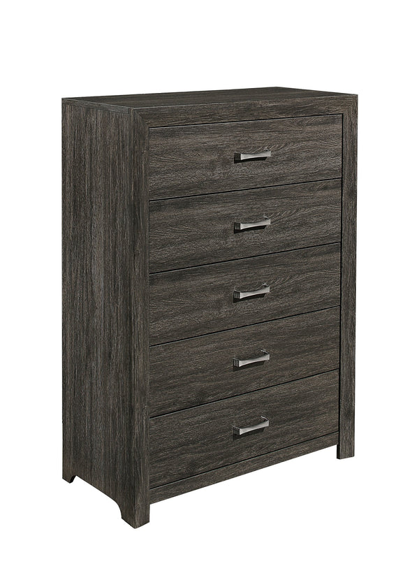 English Elm Dark Charcoal Five Drawer Chest with Chrome Pulls for Contemporary Bedroom Storage B011P199393