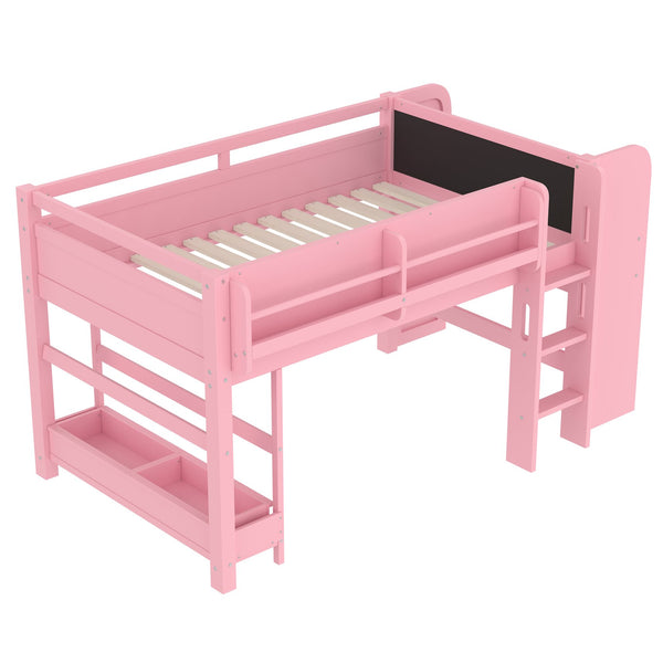 English Elm Twin Low Loft Bed Solid Pine Frame Kids Study Desk Blackboard Storage White W1580S00298