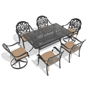 English Elm 7-Piece All-Weather Cast Aluminum Dining Set With Swivel Chairs, Cushions & Rectangular Table, Black Frame W1710S00367