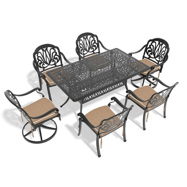 English Elm 7-Piece All-Weather Cast Aluminum Dining Set With Swivel Chairs, Cushions & Rectangular Table, Black Frame W1710S00367
