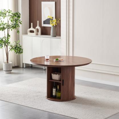 English Elm Round Wood Dining Table with Dual Storage Compartments for Kitchen or Small Spaces W3590P355174