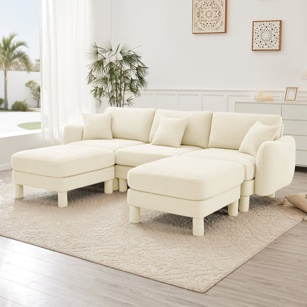 English Elm Boucle U-Shape Sectional Sofa With Shell Armrests & Movable Ottomans - Modern Beige Comfort Piece W3041S00278