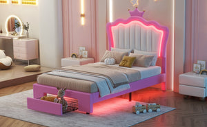 English Elm Twin Upholstered Bed Frame With Led Lights & Crown Headboard - Pink And White, Stylish Storage Solution W2770P190376-GIGA