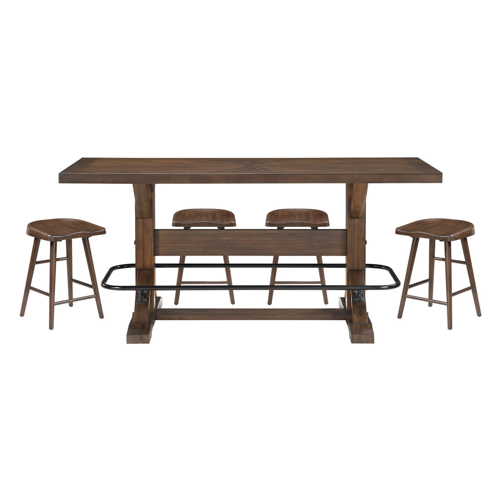 English Elm Brown Acacia Wood Counter Height Dining Set with Saddle Stools and Metal Footrest Rail B011S02271