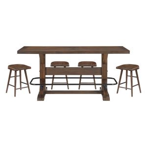 English Elm Brown Acacia Wood Counter Height Dining Set with Saddle Stools and Metal Footrest Rail B011S02271