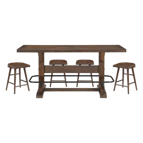 English Elm Brown Acacia Wood Counter Height Dining Set with Saddle Stools and Metal Footrest Rail B011S02271