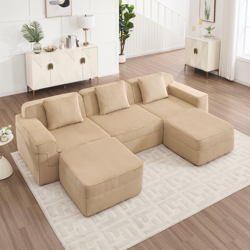 English Elm Modular 3-Seat U-Shape Sectional Sofa - Cloud-Like Comfort With Movable Ottomans & Plush Corduroy Fabric W3041S00319