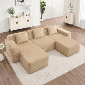 English Elm Modular 3-Seat U-Shape Sectional Sofa - Cloud-Like Comfort With Movable Ottomans & Plush Corduroy Fabric W3041S00319
