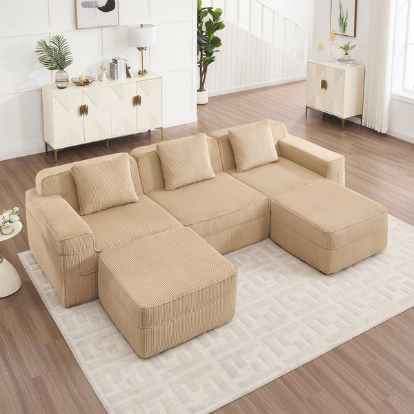 English Elm Modular 3-Seat U-Shape Sectional Sofa - Cloud-Like Comfort With Movable Ottomans & Plush Corduroy Fabric W3041S00319