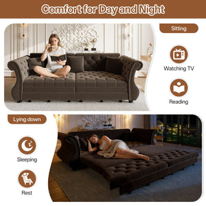 English Elm 97.6" Oversized Velvet Chesterfield Sleeper Sofa Floral Tufted Roll Arm Living Room Couch Brown W1885S00399