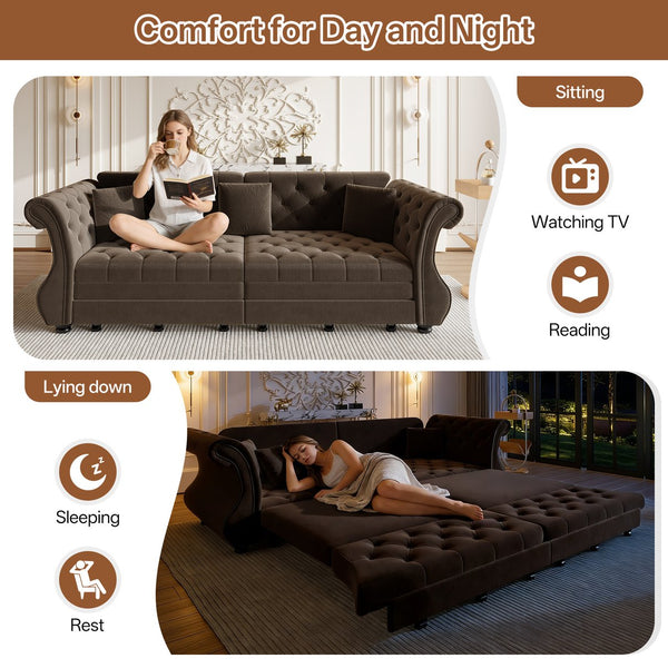 English Elm 97.6" Oversized Velvet Chesterfield Sleeper Sofa Floral Tufted Roll Arm Living Room Couch Brown W1885S00399