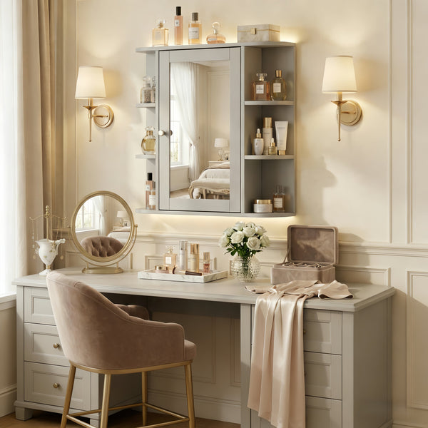English Elm Bathroom Wall Cabinet with Mirror Door Open Shelving and Adjustable Interior Storage Gray N817P375228G