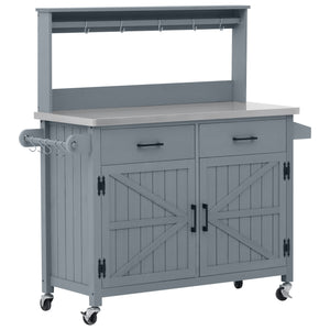 English Elm K&k Solid Fir Grill Cart Stainless Steel Top Outdoor Kitchen Station with Locking Wheels Grey+Blue N707P409087G