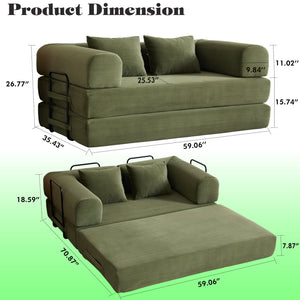 English Elm 59'' Corduroy Convertible Floor Sofa Sleeper with Bolster Pillow for Small Spaces Green W3434P406617