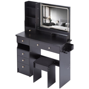 English Elm 41" Large Vanity Table Set With Cushioned Stool, Led Mirror, Power Station, And Stylish Design Features W936P230829