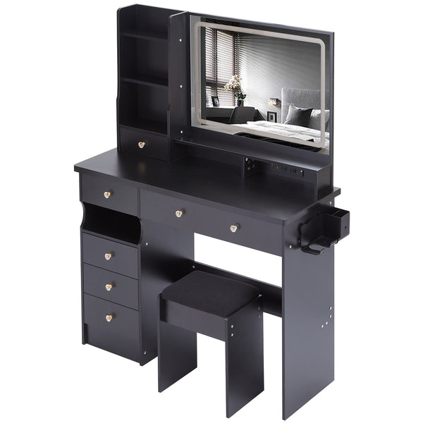 English Elm 41" Large Vanity Table Set With Cushioned Stool, Led Mirror, Power Station, And Stylish Design Features W936P230829