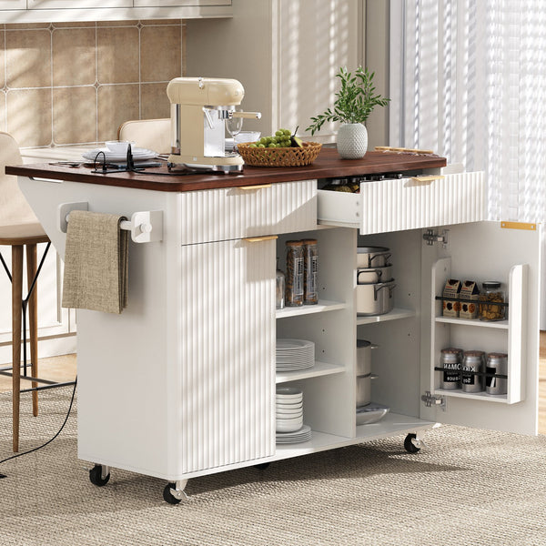 English Elm K&k Fluted Rolling Kitchen Island Faux Marble Top Power Outlet Drop Leaf Storage White N707S000019W