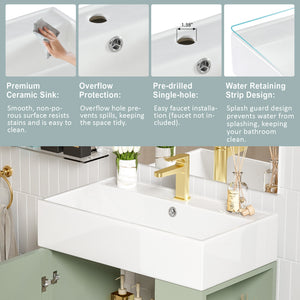 English Elm 21.6" Green Bathroom Vanity with Ceramic Sink, Right Side Storage, Gold Legs, Soft-Close Hinges, Modern Design SV000006AAF