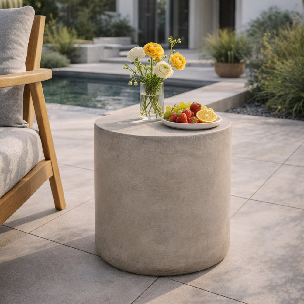 English Elm Outdoor Mgo Concrete Cylinder Side Table Lightweight Patio Accent in Gray N773P387262G