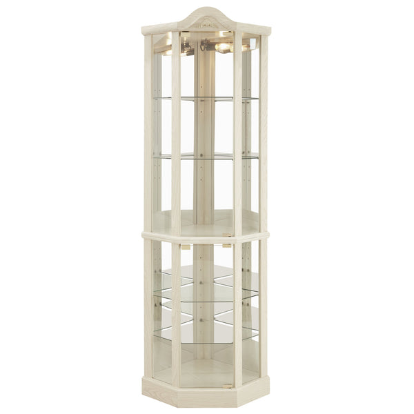 English Elm Glass Corner Curio Cabinet Lighted Dark Wood Display with Carved Crown Floral Detail White W2275P292644