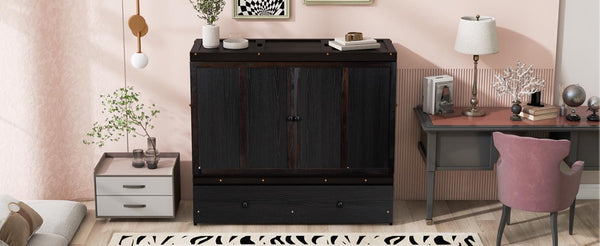 English Elm Full Size Wall Murphy Bed Cabinet with Storage Drawer and Built-in Usb Charging Espresso N708P205903P