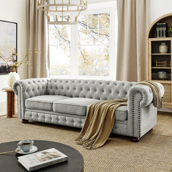 English Elm Chesterfield Linen Tufted 3-Seater Sofa with Scrolled Arms and Nailhead Trim, Durable Plywood Frame Gray W1413S00094