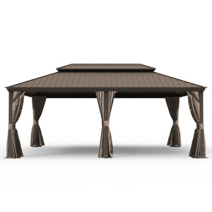 English Elm 14' X 22' Hardtop Gazebo with Drainage System, Dual-Layer Galvanized Roof, Curtains & Mesh Protection Brown W1859S00152