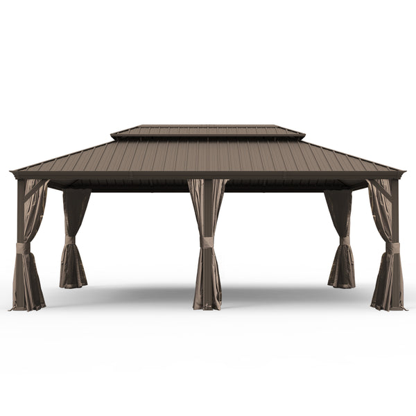 English Elm 14' X 22' Hardtop Gazebo with Drainage System, Dual-Layer Galvanized Roof, Curtains & Mesh Protection Brown W1859S00152