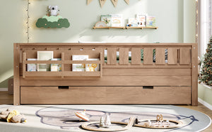 English Elm Twin Kids Platform Bed with Trundle Staircase Bookshelf and Rounded Safety Rails Natural W1580S00561