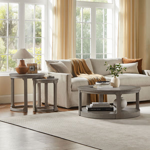 English Elm (1 Coffee Table+1 Side Table) Two-piece Pine Wood Round Set with Wheels Rustic Living Room Light Brown W2582S00196