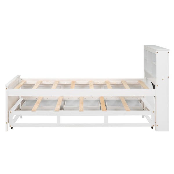 English Elm Twin Platform Bed with Storage Headboard, Pull-Out Trundle & 3 Drawers, USB Ports, Solid Wood Durability White GX000715AAK