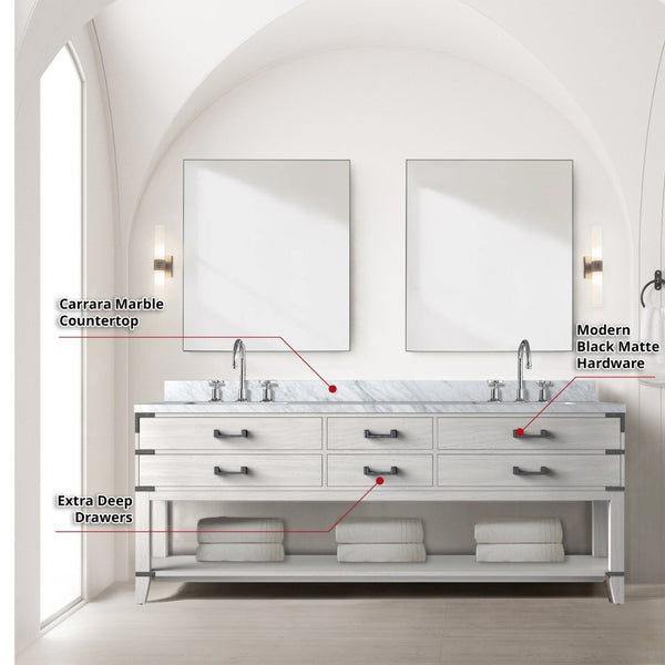 English Elm White Oak Double Bath Vanity With Carrara Marble Top, Chrome Faucets & 36-Inch Mirrors For Elegance B2731S01917-GIGA