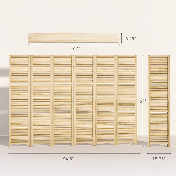 English Elm 6 Panel Paulownia Wood Louvered Room Divider with Shelves for Open Living Spaces Natural T3971P405887