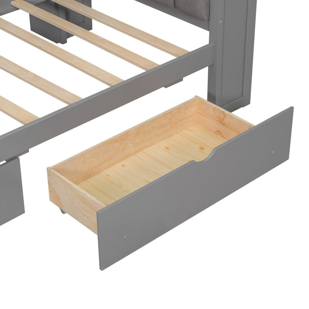 English Elm Wood Twin Size Platform Bed With Storage, Usb Charging, Desk, Led Lighting & Upholstered Headboard N7090001046E-GIGA