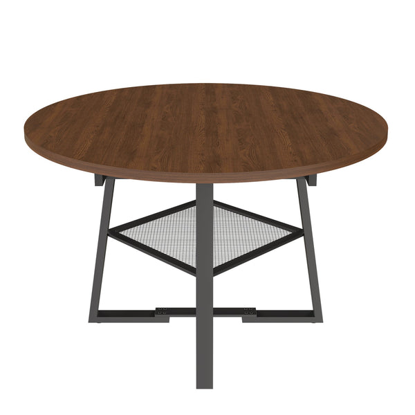 English Elm 47 Inch Extendable Round Dining Table Walnut Finish Seats 8 with Wire Grid Shelf W2700P385520