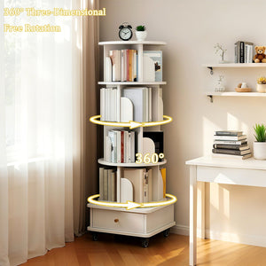 English Elm 5 Tier Rotating Bookshelf with 360° Spin, Locking Wheels, Stable Base & Drawer Storage for Home W3204P309488