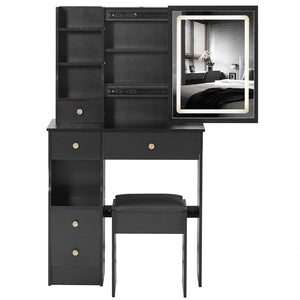 English Elm 29.2" Compact Vanity Table Set With Led Mirror, Touch Control, Cushioned Stool & Ample Storage Solutions W3258P299612