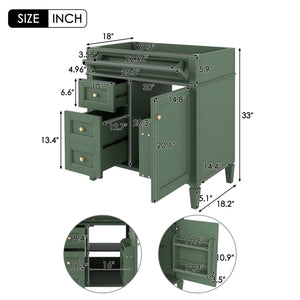 English Elm 30'' Modern Bathroom Vanity Cabinet with Roman Legs, 3 Drawers, Adjustable Shelf, Tip-Out Drawer, Durable MDF/Solid Wood Green N710P236988F