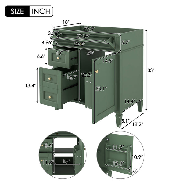 English Elm 30'' Modern Bathroom Vanity Cabinet with Roman Legs, 3 Drawers, Adjustable Shelf, Tip-Out Drawer, Durable MDF/Solid Wood Green N710P236988F