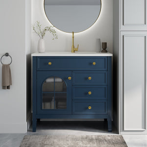 English Elm 35.6" Freestanding Bathroom Vanity with Roman Column Base and Ceramic Integrated Sink Blue W1801S00012