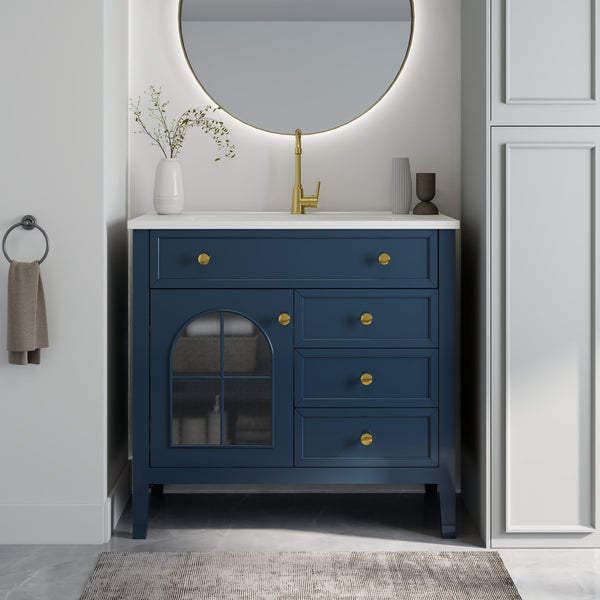 English Elm 35.6" Freestanding Bathroom Vanity with Roman Column Base and Ceramic Integrated Sink Blue W1801S00012