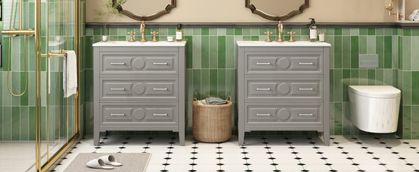 English Elm 60'' Freestanding Bathroom Vanity Set With Ceramic Sink, Gray Wood Frame & 3 Soft-Close Drawers N710SS00003E