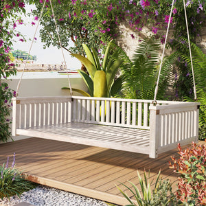 English Elm Topmax Acacia Wood Porch Swing Bed Sloped Frame Outdoor Lounger for Backyard Patio White WF319383AAK