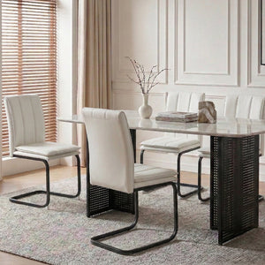 English Elm Modern-style Marble Glass Dining Table Seats Six with Sleek Black Metal Legs W5123P397511